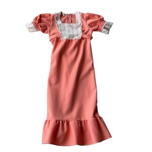 Vintage Girls Coral Pink Lace Maxi Dress Puffed Sleeve Ruffle Hem